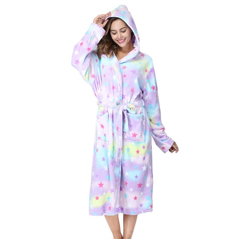 RONGTAI Womens Robes Plush Fleece Print Star Hooded Bathrobe Thick Nightgown with Pockets Fluffy Sleepwear XX-Large - Image 3